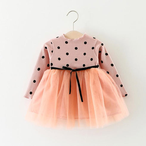 Autumn New Polka Dot Stitching Gauze Princess Dress Baby Girl Long Sleeve Dress